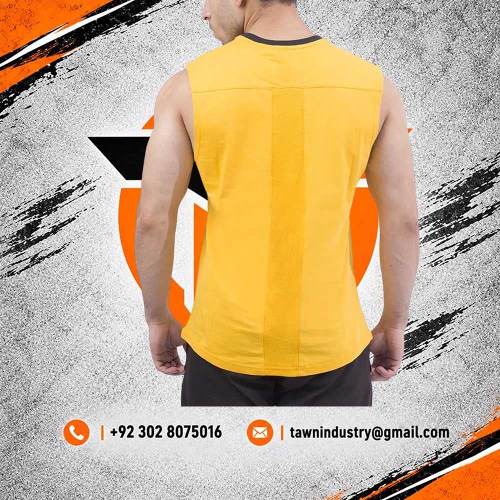 Mustard Yellow Men's Muscle Cut Athletic Tank Top with Black Collar Trim