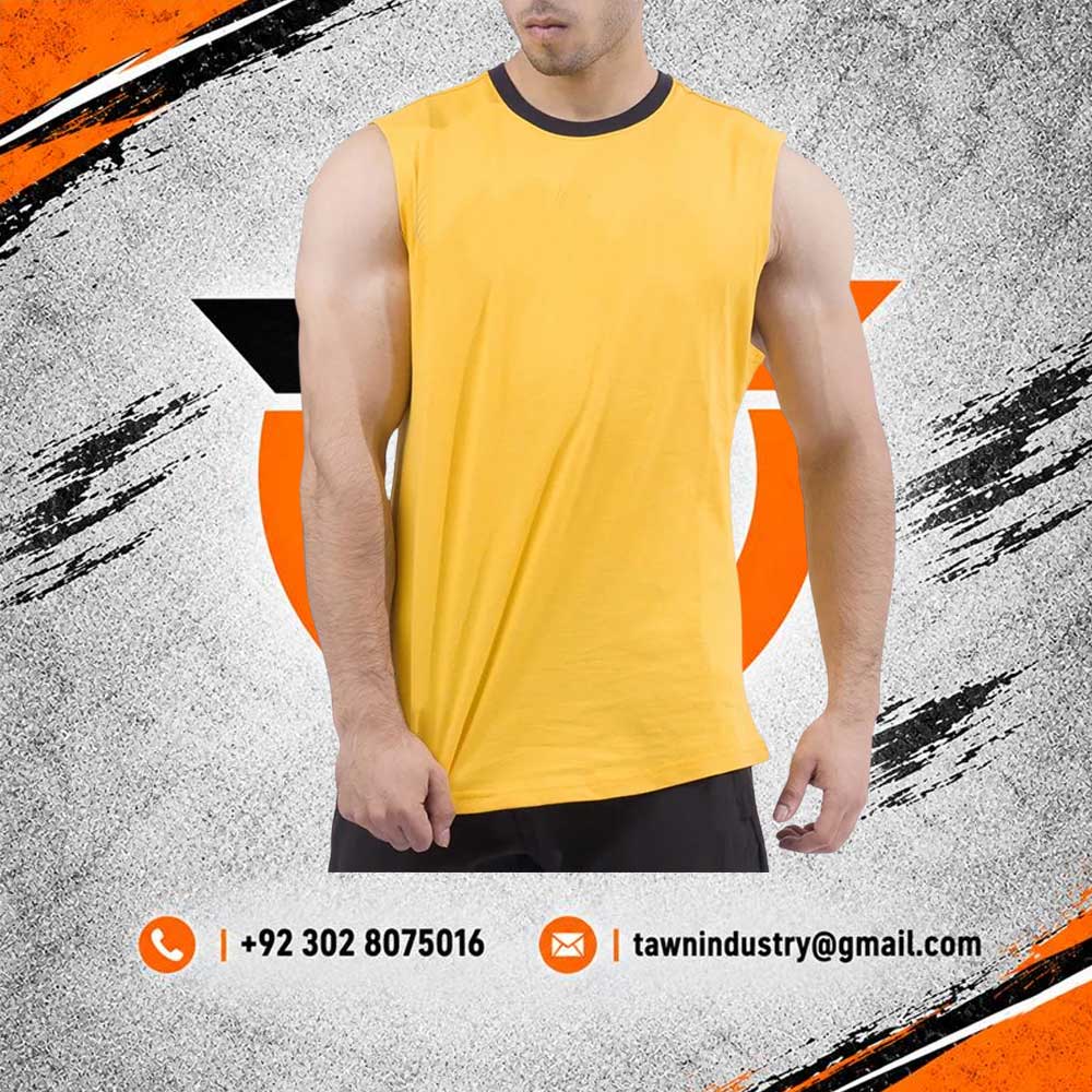 Mustard Yellow Men's Muscle Cut Athletic Tank Top with Black Collar Trim