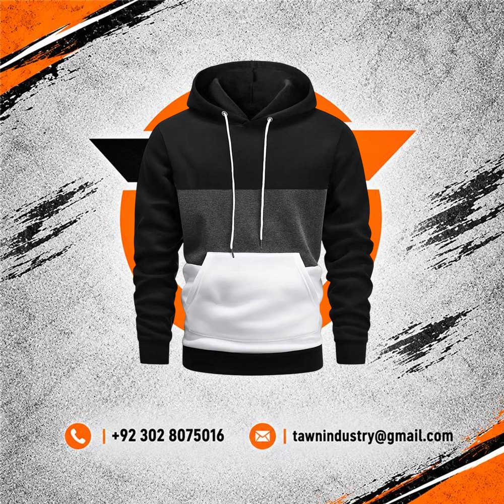 Tri-Color Block Pullover Hoodie in Black Charcoal and White