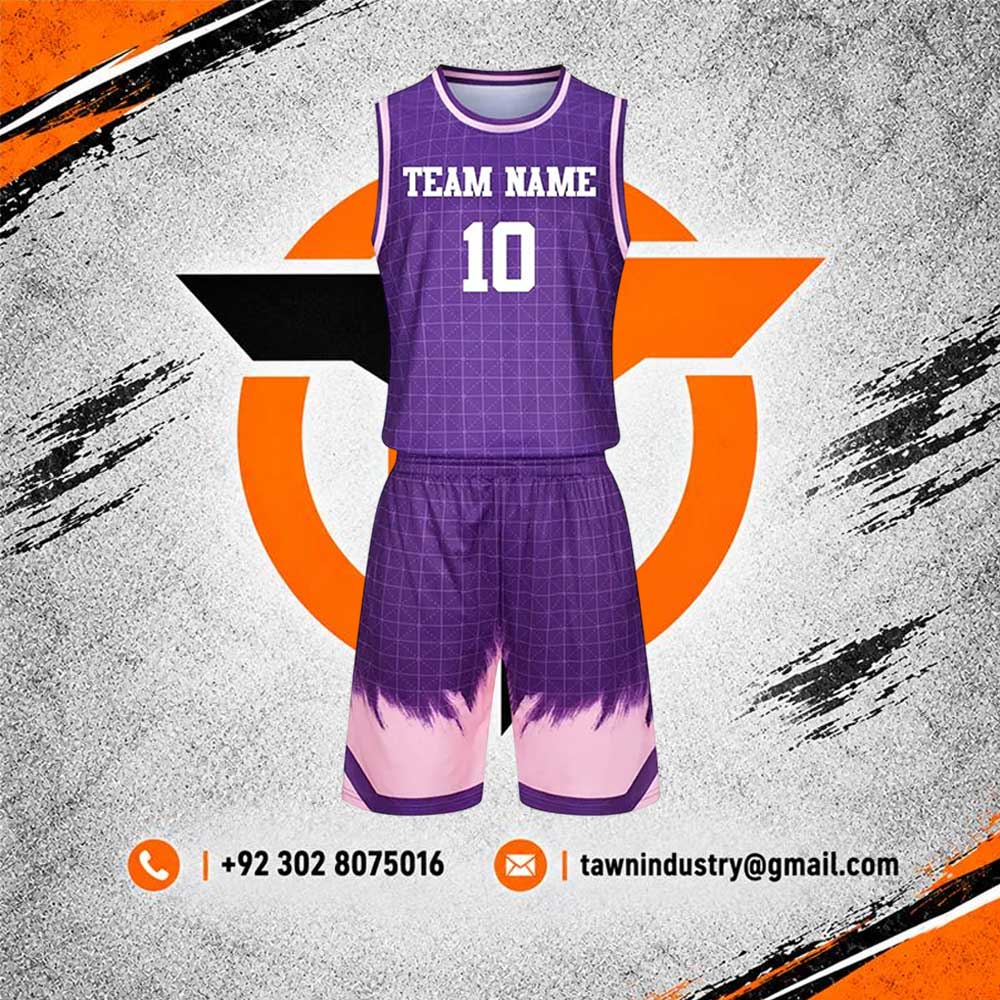 Purple Grid Sublimated Basketball Uniform Kit with Gradient Flame Shorts