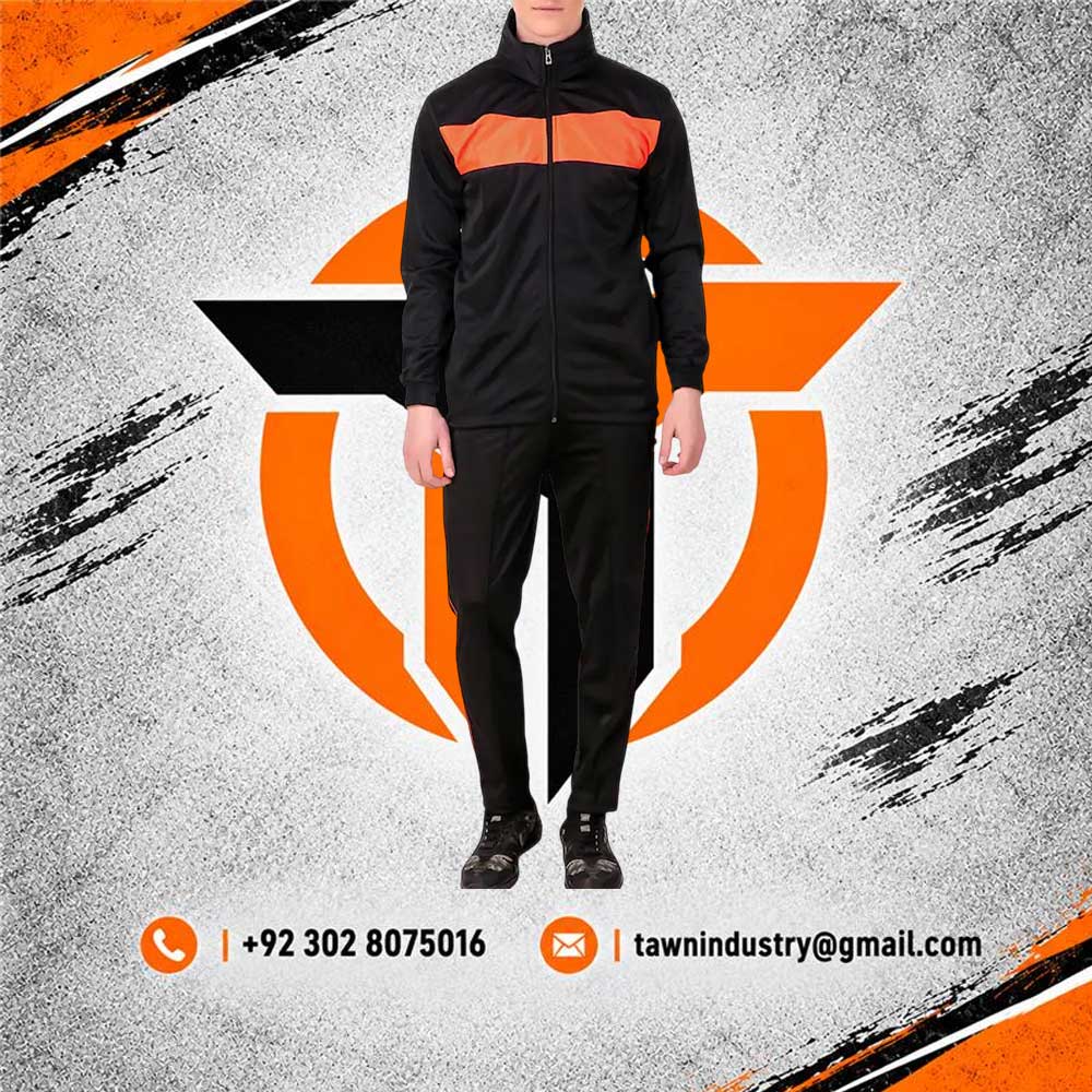Black Men's Athletic Tracksuit with Orange Chest Stripe Panel