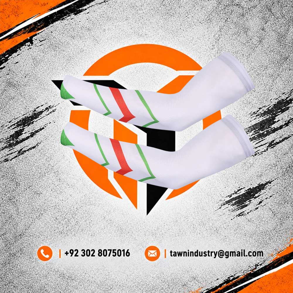 White Men's Athletic Compression Arm Sleeves with Red and Green Stripe Accents