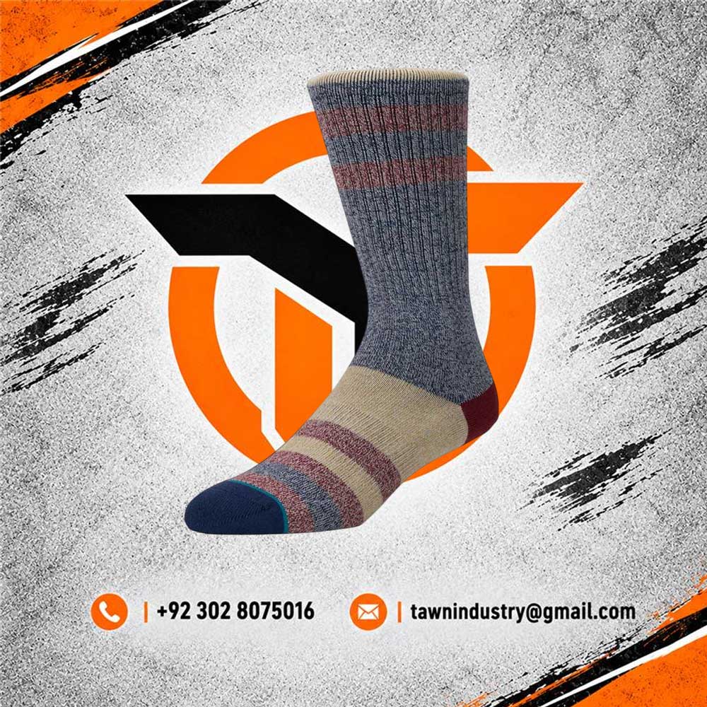 Grey Melange Ribbed Crew Socks with Multi-Color Color-Block Stripes