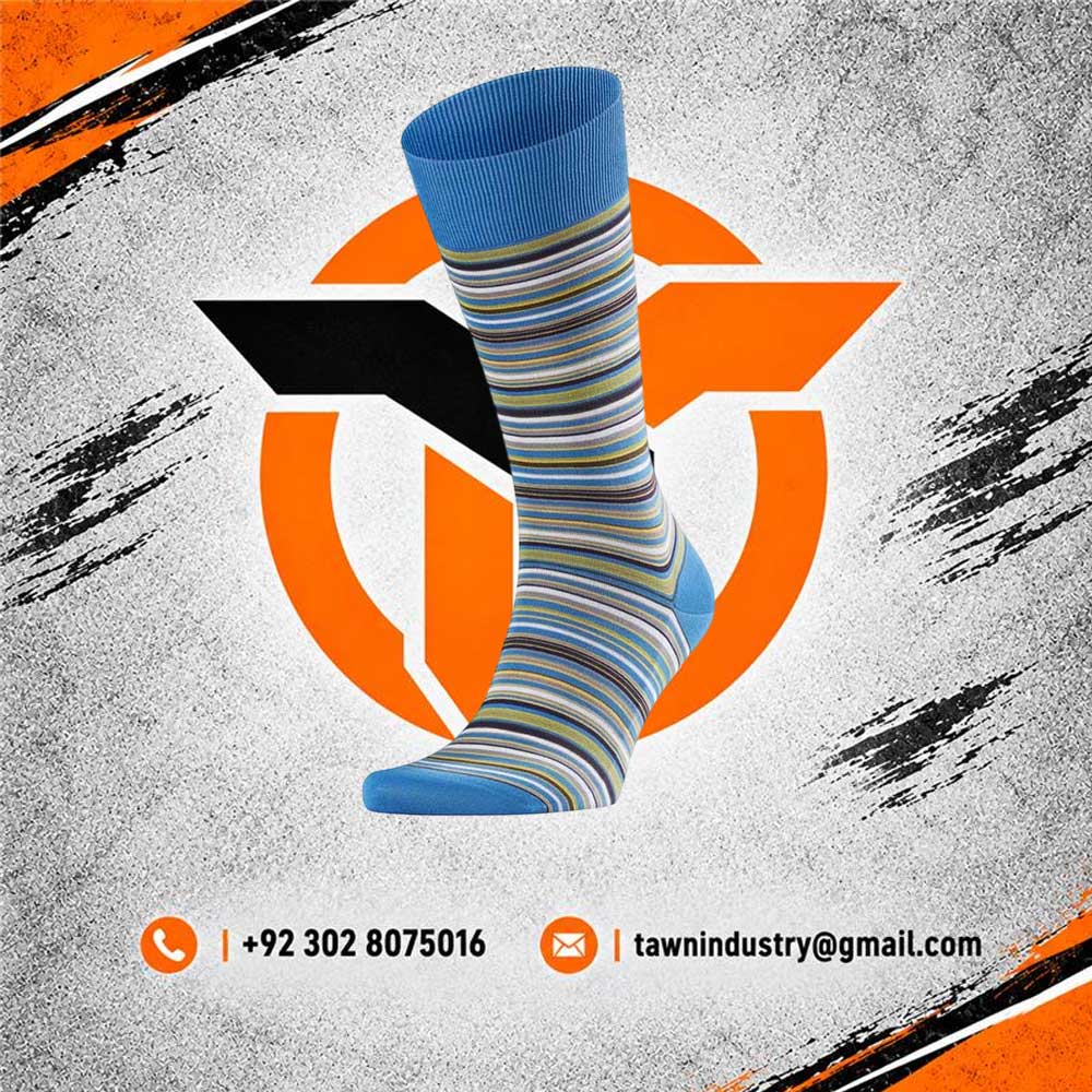 Blue Multi-Color Fine Striped Crew Socks with Solid Ribbed Cuff