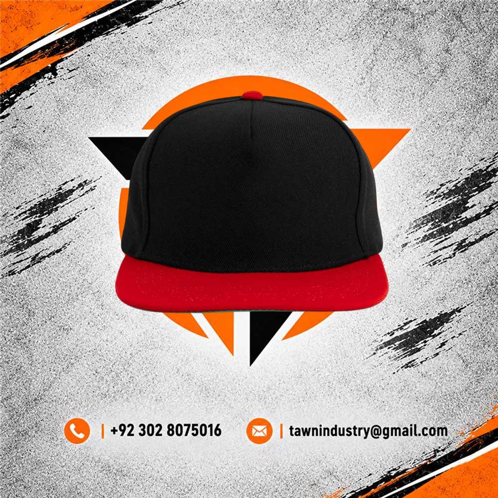 Two-Tone Black and Red Flat-Brim Snapback Cap with Seamless Front Panel