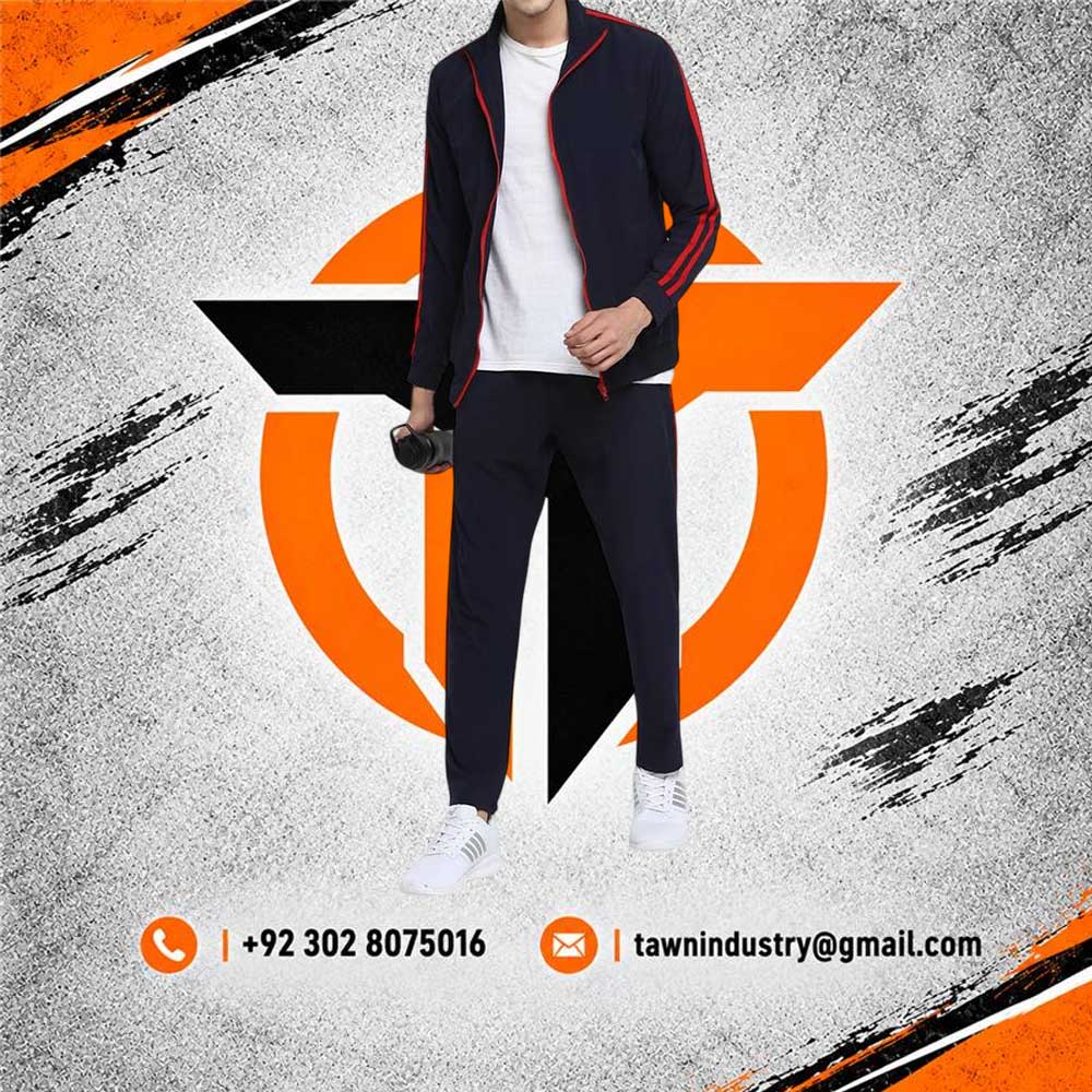 Dark Navy Men's Athletic Tracksuit with Red Double Shoulder Stripes