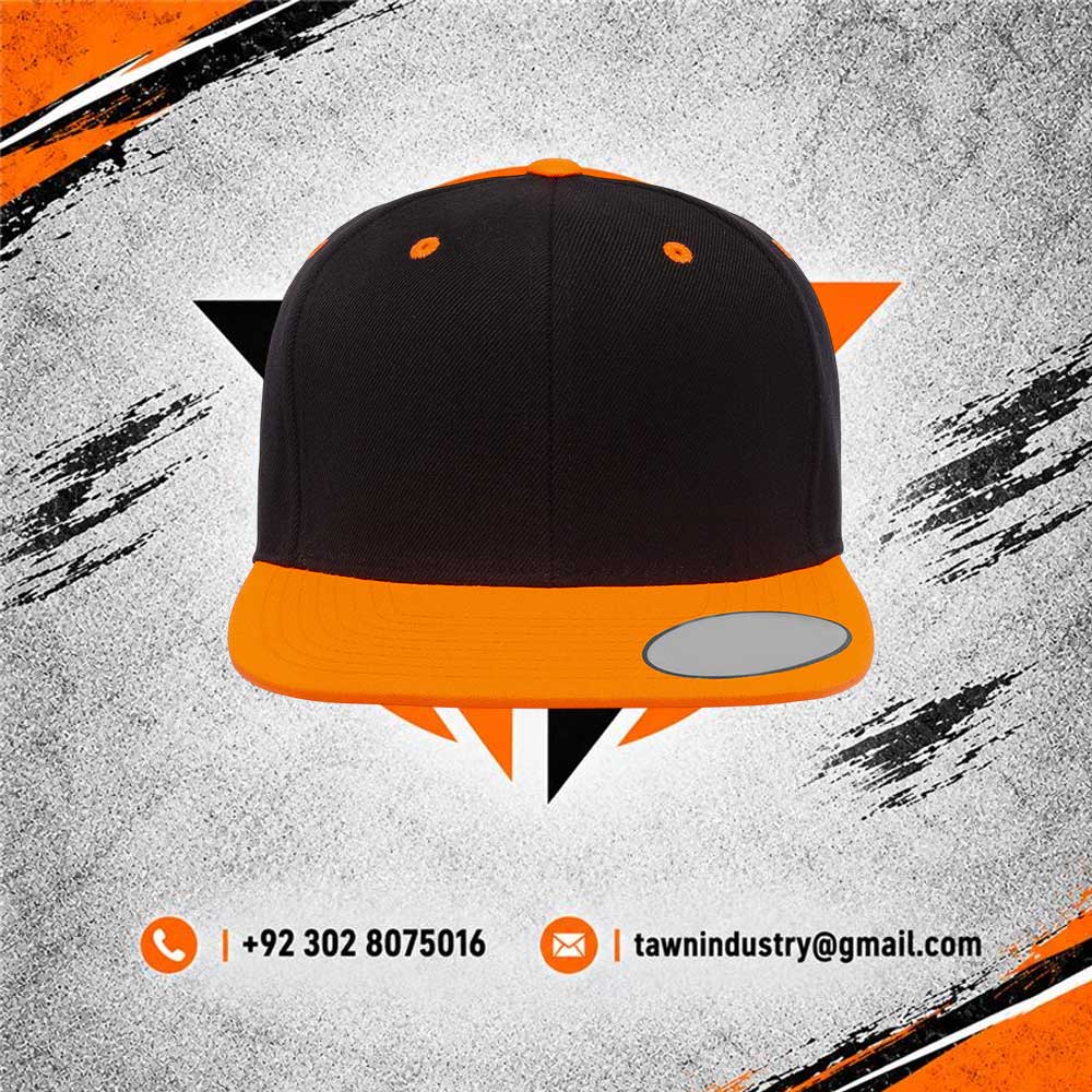 Two-Tone Black and Orange Flat-Brim Snapback Cap with Stitched Eyelets