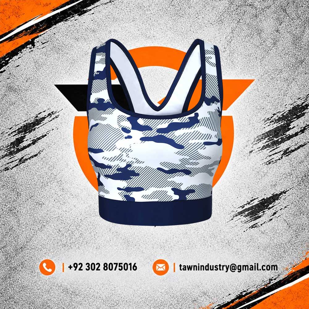 Women's Blue and White Camouflage V-Neck Racerback Sports Bra
